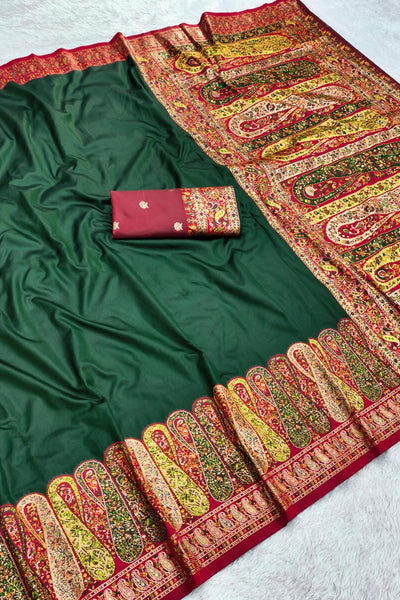 Glorious Dark Green Nylon Dola Pashmina Saree With Panoply Blouse Piece