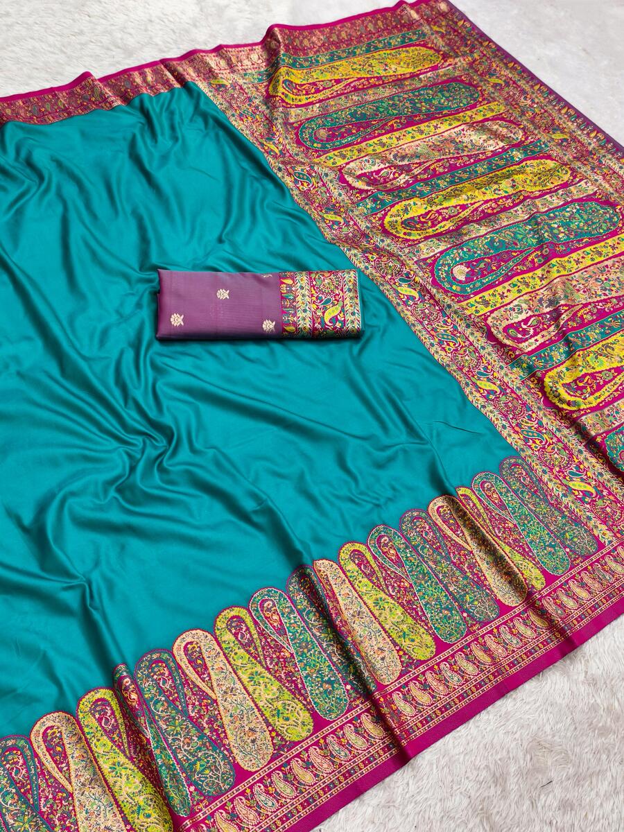 Gleaming Firozi Nylon Dola Pashmina Saree With Invaluable Blouse Piece