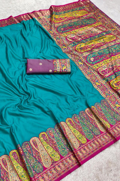 Gleaming Firozi Nylon Dola Pashmina Saree With Invaluable Blouse Piece