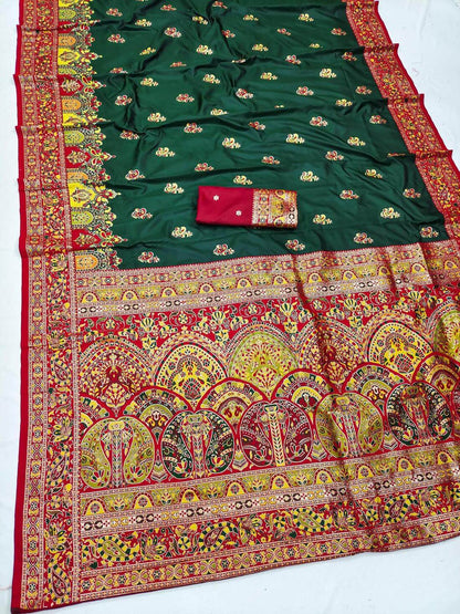 Ideal Dark Green Pashmina Silk Saree With Resplendent Blouse Piece