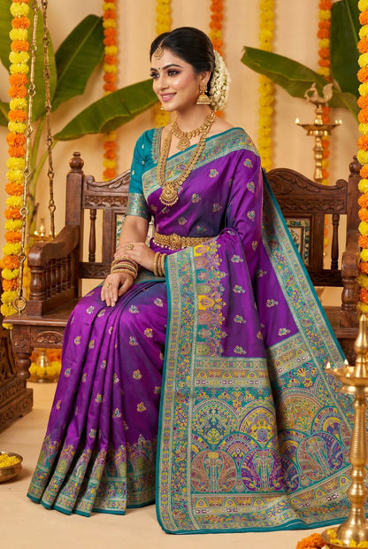 Outstanding Purple Pashmina Silk Saree With Ebullience Blouse Piece