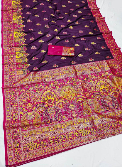 Staring Wine Pashmina Silk Saree With Lovely Blouse Piece