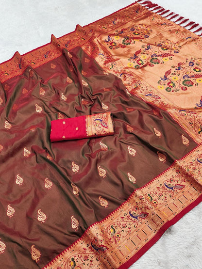 Charismatic Brown Paithani Silk Saree With Redolent Blouse Piece