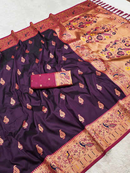 Ebullience Purple Paithani Silk Saree With Pleasurable Blouse Piece