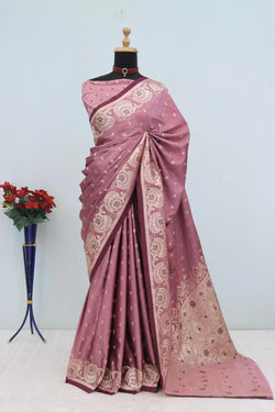 Eye-catching Pink Banarasi Satin Silk Saree With Innovative Blouse