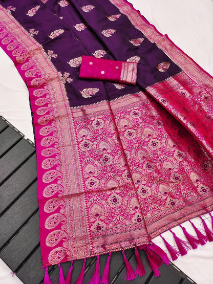 Glamorous Purple Pure Zari Weaving Banarasi Silk Saree With Epiphany Blouse Piece