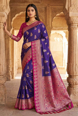 Scintillating Royal Blue Pure Zari Weaving Banarasi Silk Saree With Luminous Blouse Piece