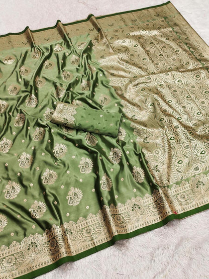 Precious Green Banarasi Satin Silk Saree With Blissful Blouse