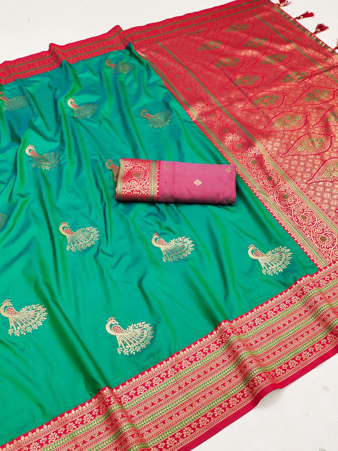 Scrumptious Sea Green Paithani Silk Saree With Wonderful Blouse Piece