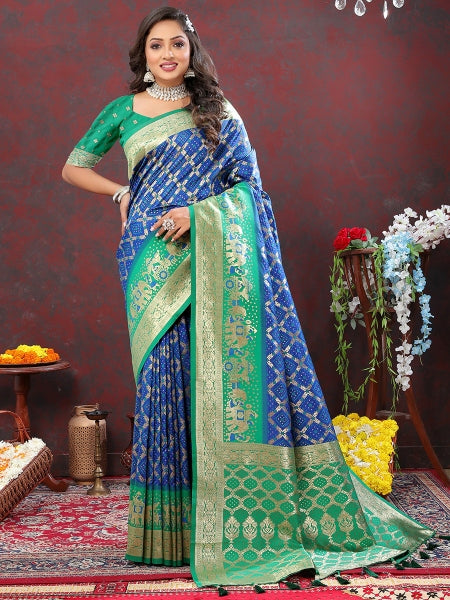 Load image into Gallery viewer, Amazing Blue Patola Silk Saree with Enamoring Blouse Piece
