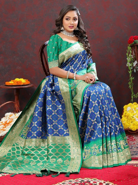 Load image into Gallery viewer, Amazing Blue Patola Silk Saree with Enamoring Blouse Piece
