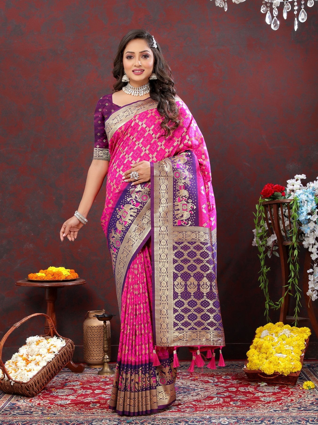 Stylish Dark Pink Patola Silk Saree with Grandiose Blouse Piece