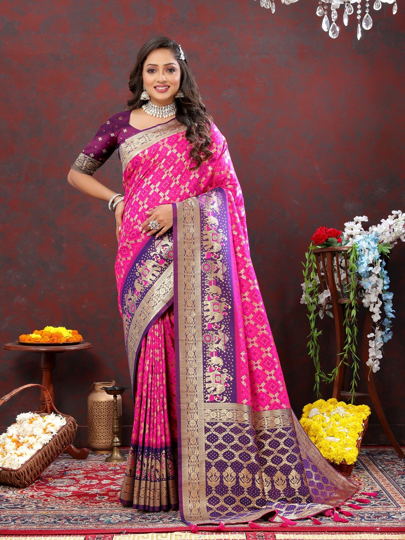 Stylish Dark Pink Patola Silk Saree with Grandiose Blouse Piece