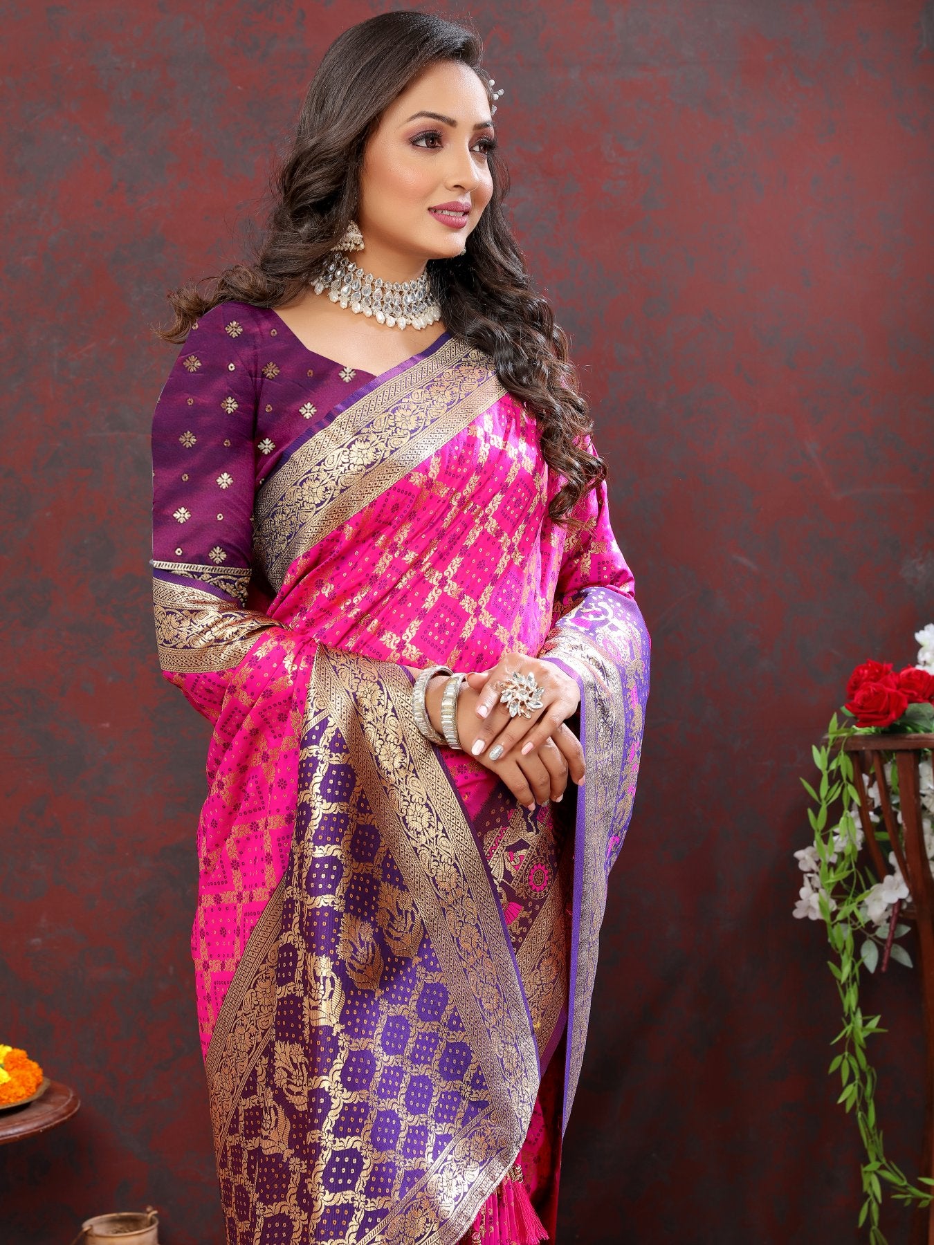 Stylish Dark Pink Patola Silk Saree with Grandiose Blouse Piece