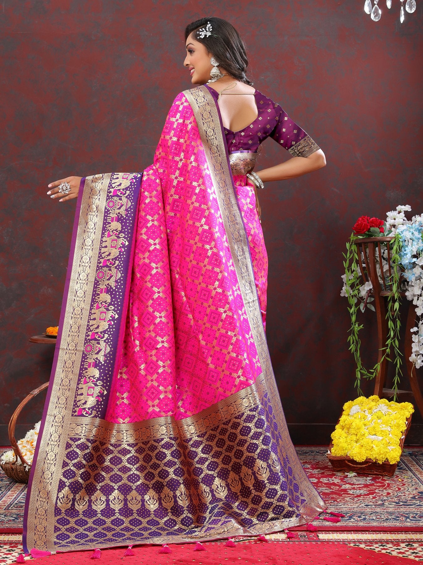 Stylish Dark Pink Patola Silk Saree with Grandiose Blouse Piece