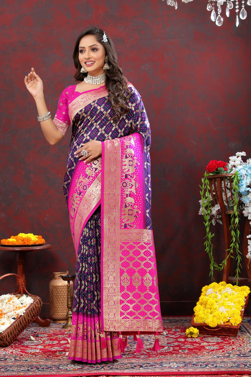 Load image into Gallery viewer, Beautiful Navy Blue Patola Silk Saree with Cynosure Blouse Piece
