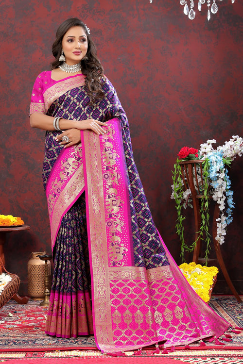 Load image into Gallery viewer, Beautiful Navy Blue Patola Silk Saree with Cynosure Blouse Piece
