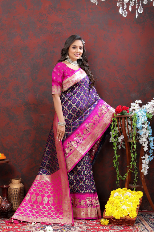 Load image into Gallery viewer, Beautiful Navy Blue Patola Silk Saree with Cynosure Blouse Piece
