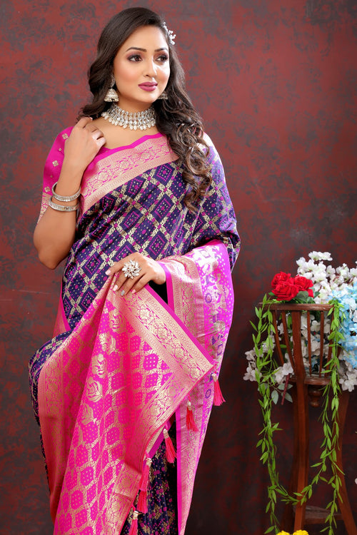 Load image into Gallery viewer, Beautiful Navy Blue Patola Silk Saree with Cynosure Blouse Piece
