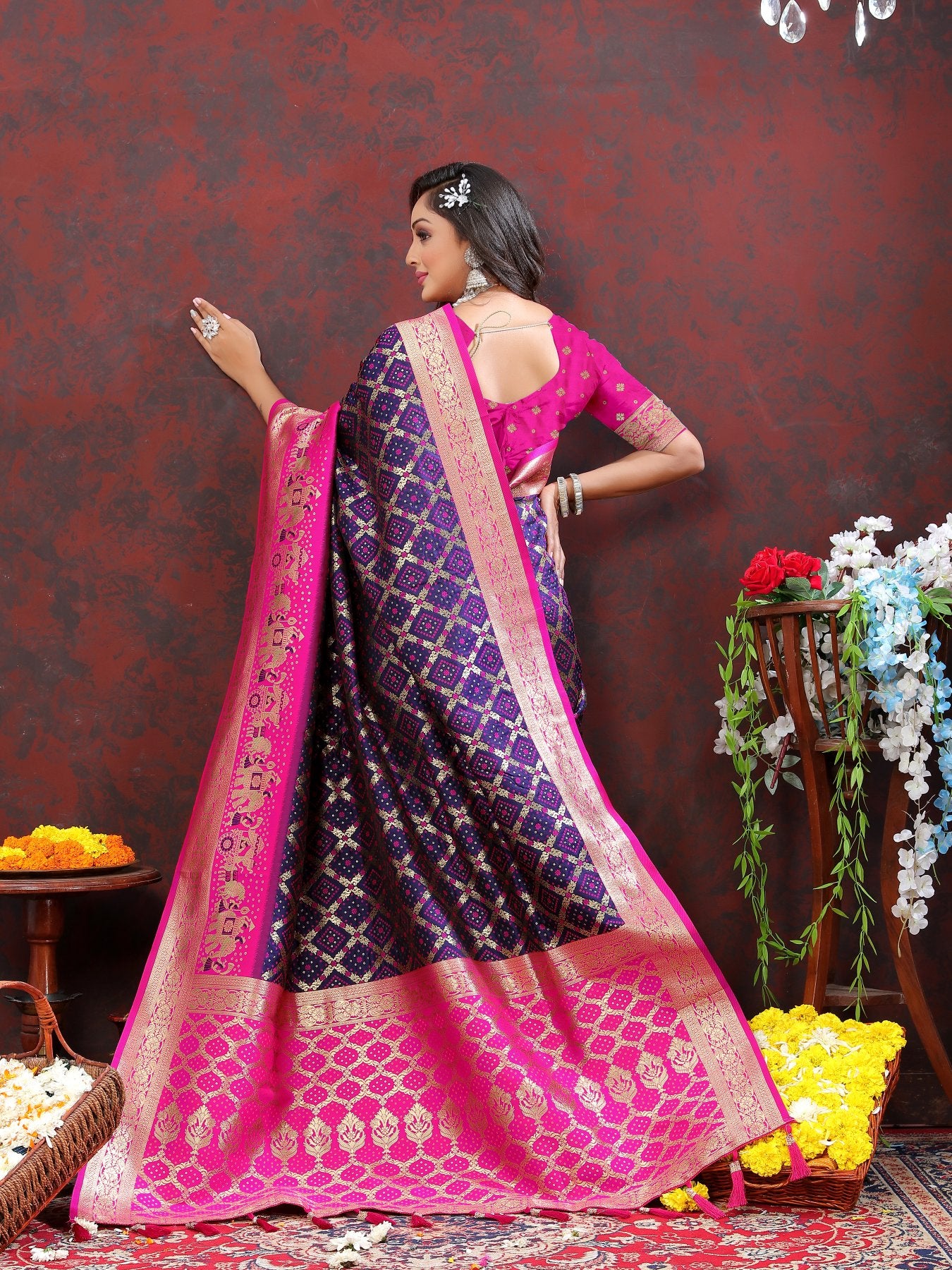 Beautiful Navy Blue Patola Silk Saree with Cynosure Blouse Piece