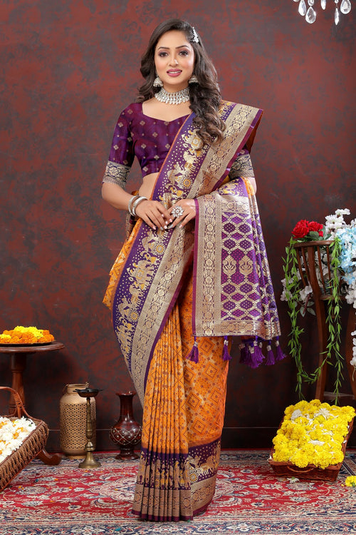 Load image into Gallery viewer, Desiring Orange Patola Silk Saree with Rhapsody Blouse Piece
