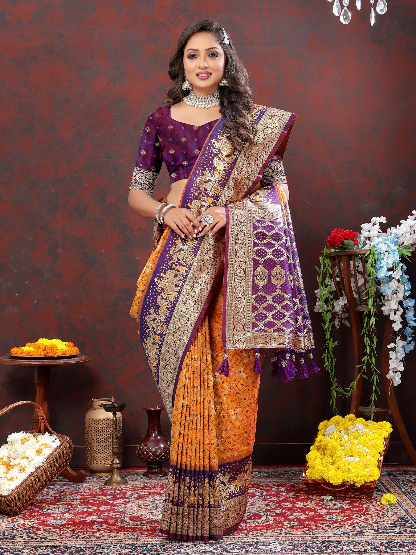 Desiring Orange Patola Silk Saree with Rhapsody Blouse Piece