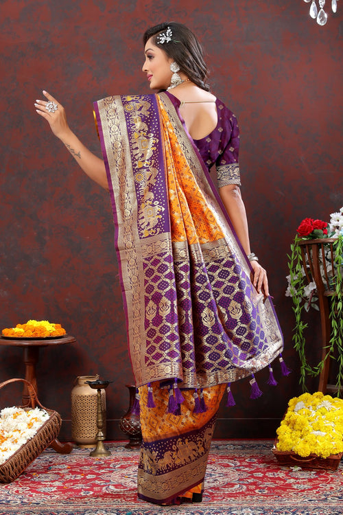 Load image into Gallery viewer, Desiring Orange Patola Silk Saree with Rhapsody Blouse Piece
