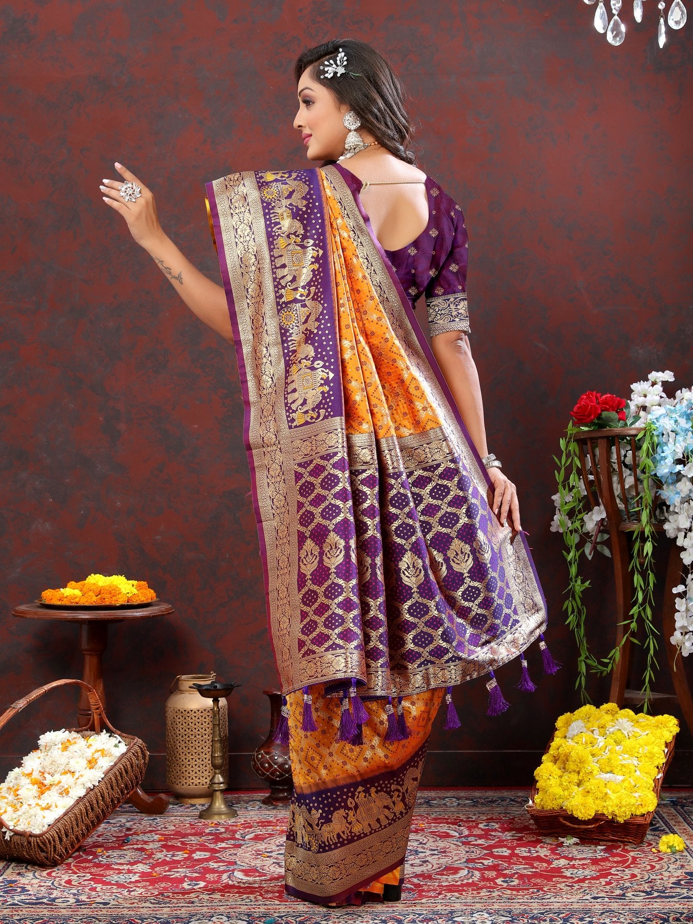 Desiring Orange Patola Silk Saree with Rhapsody Blouse Piece