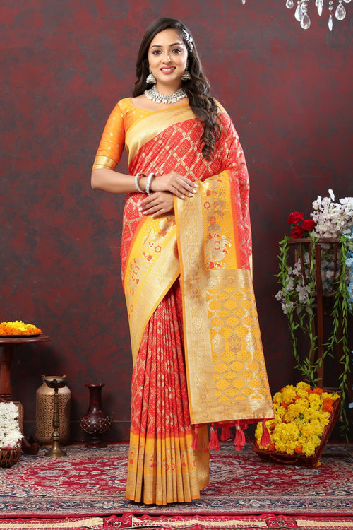 Load image into Gallery viewer, Groovy Red Patola Silk Saree with Scintillating Blouse Piece
