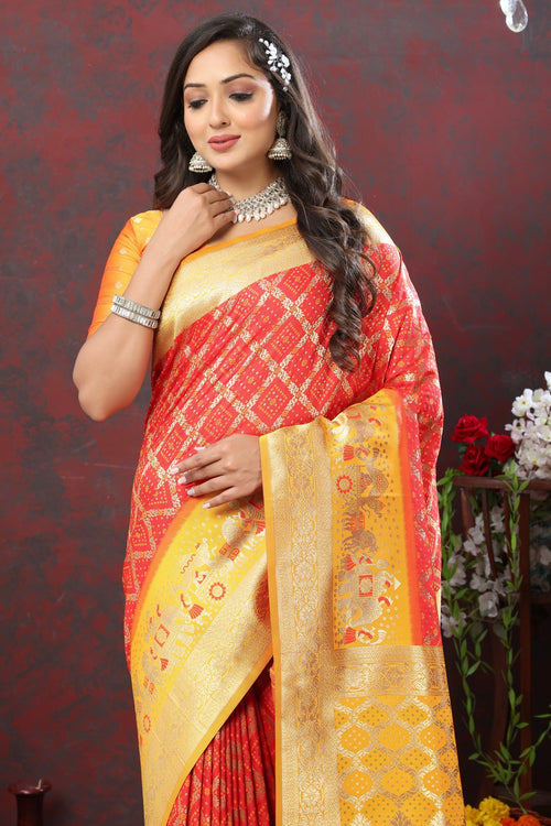 Load image into Gallery viewer, Groovy Red Patola Silk Saree with Scintillating Blouse Piece
