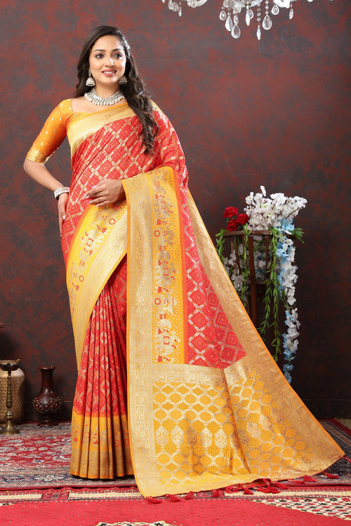 Load image into Gallery viewer, Groovy Red Patola Silk Saree with Scintillating Blouse Piece
