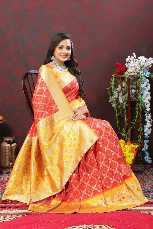 Load image into Gallery viewer, Groovy Red Patola Silk Saree with Scintillating Blouse Piece
