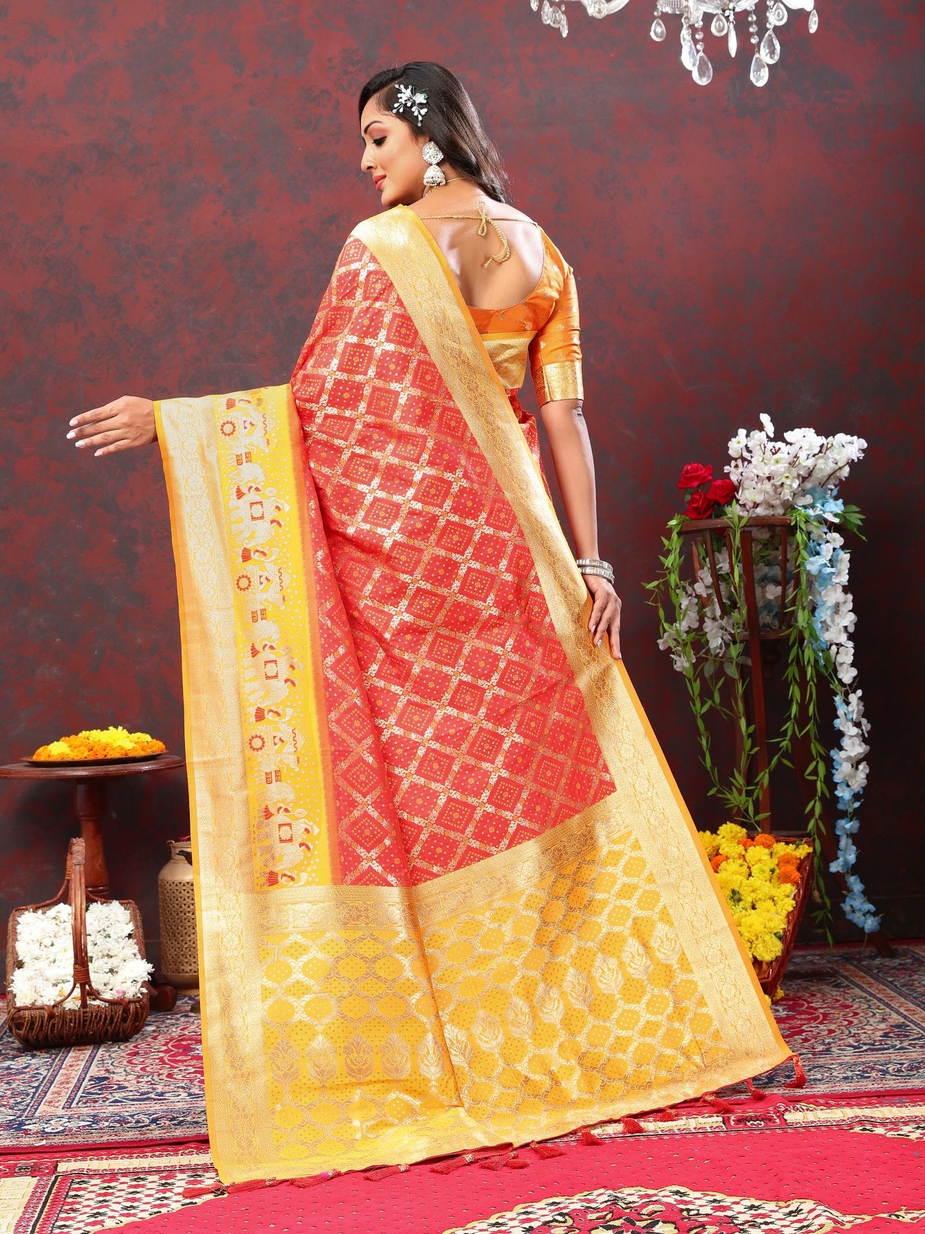 Groovy Red Patola Silk Saree with Scintillating Blouse Piece