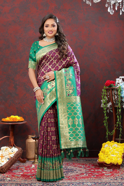 Load image into Gallery viewer, Prettiest Wine Patola Silk Saree with Vivacious Blouse Piece
