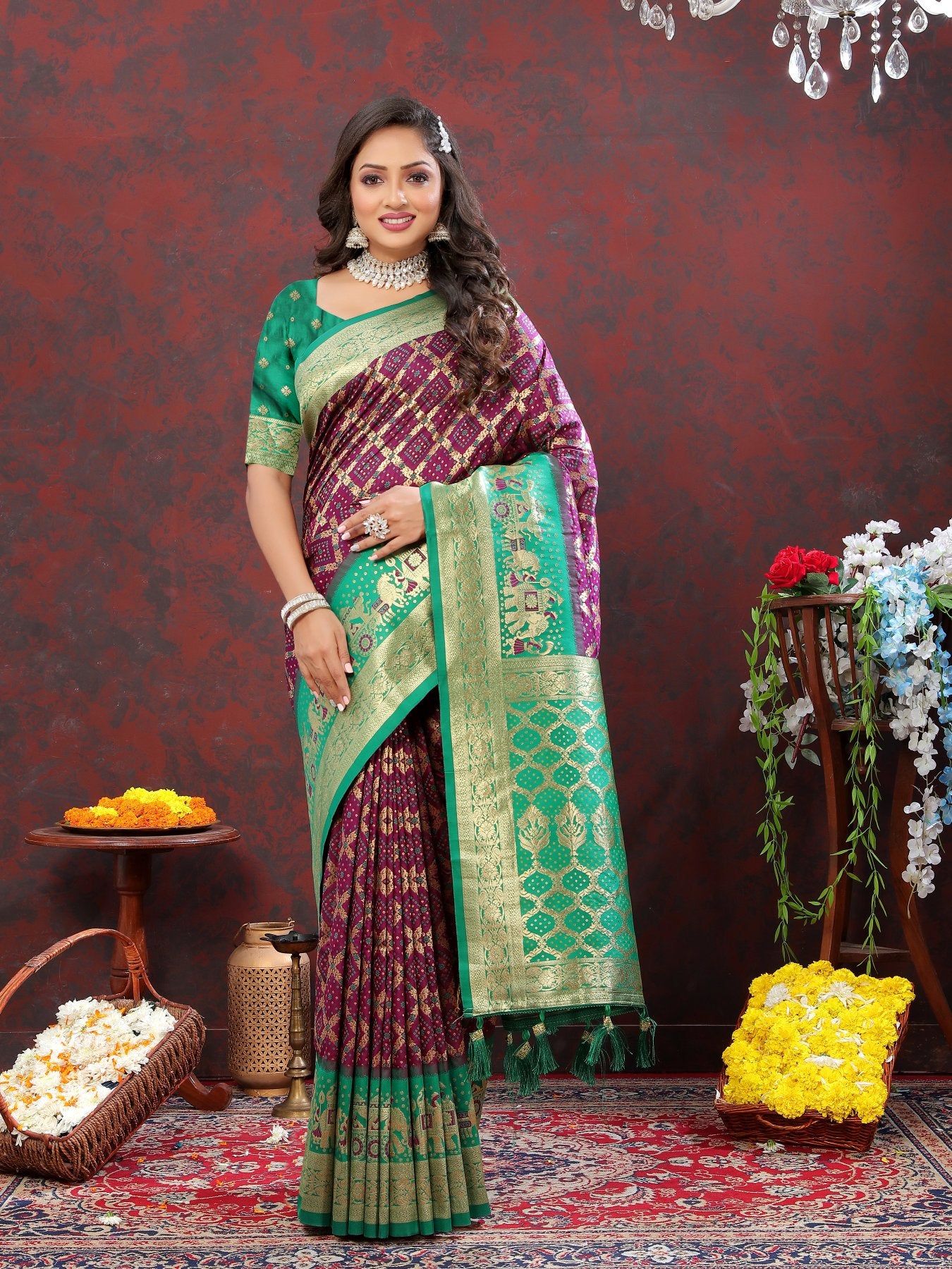 Prettiest Wine Patola Silk Saree with Vivacious Blouse Piece