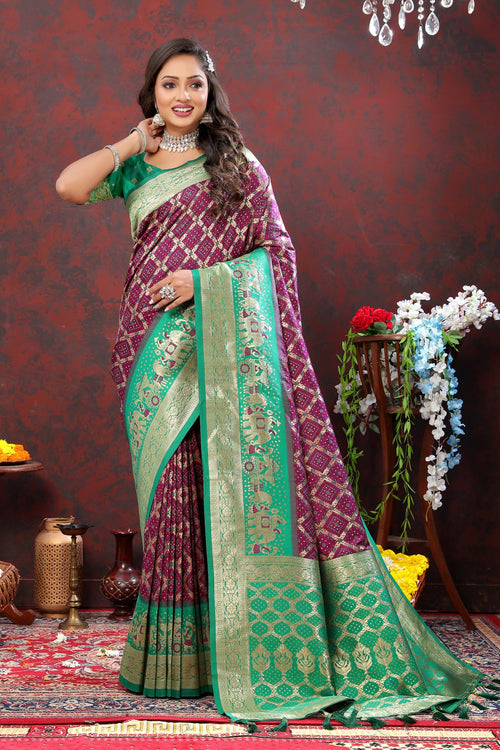 Load image into Gallery viewer, Prettiest Wine Patola Silk Saree with Vivacious Blouse Piece
