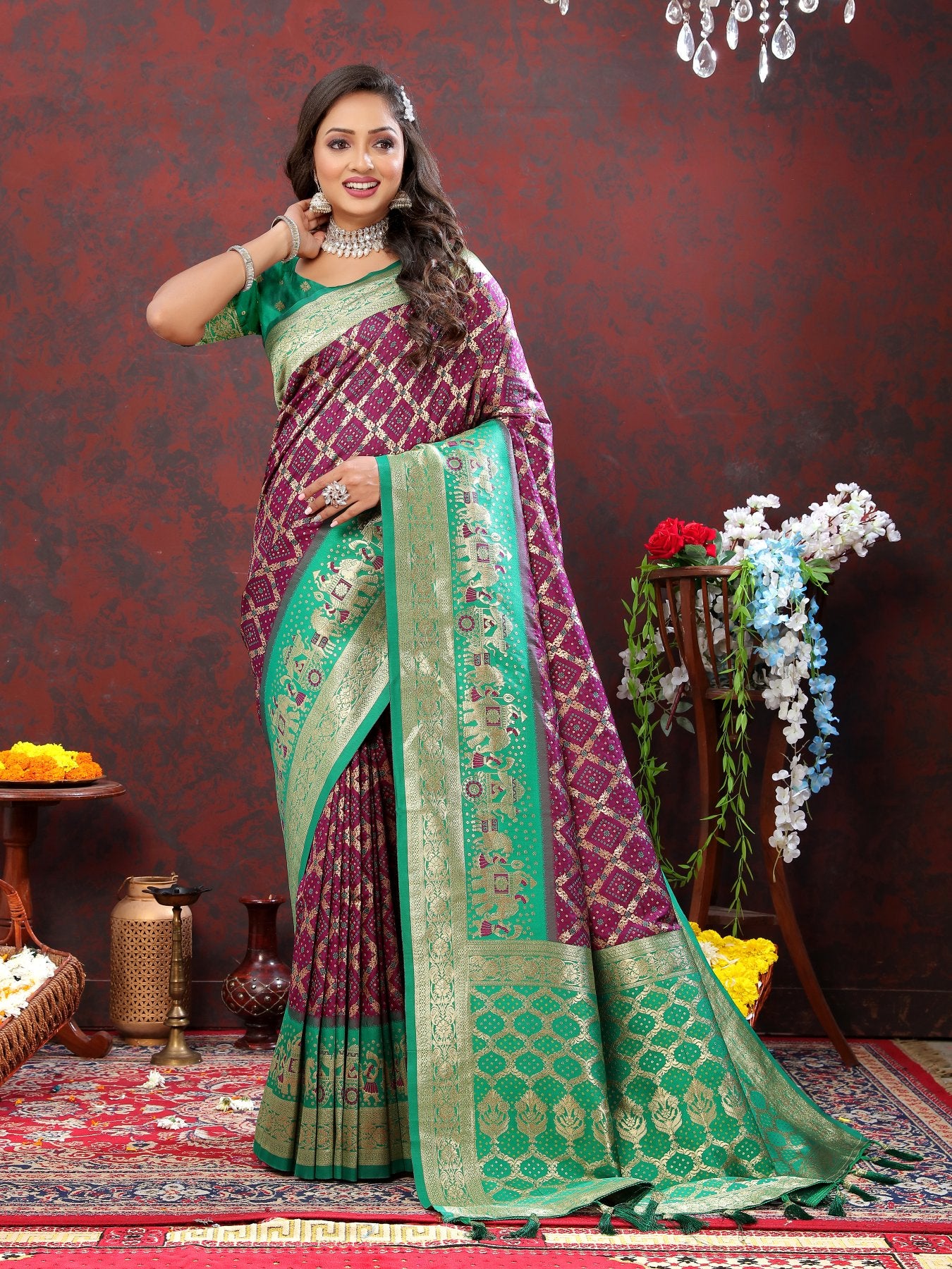 Prettiest Wine Patola Silk Saree with Vivacious Blouse Piece