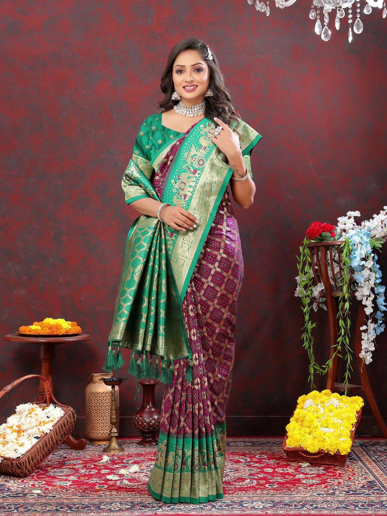 Prettiest Wine Patola Silk Saree with Vivacious Blouse Piece