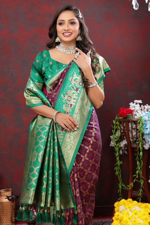 Load image into Gallery viewer, Prettiest Wine Patola Silk Saree with Vivacious Blouse Piece
