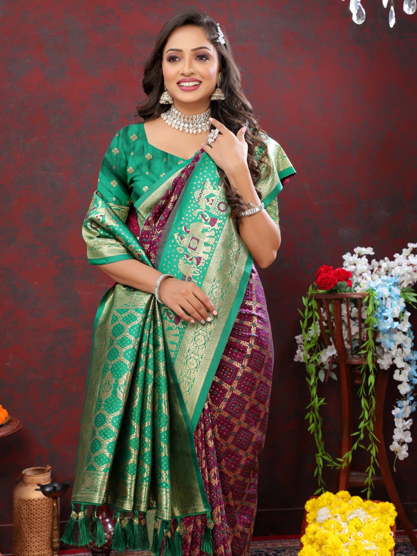 Prettiest Wine Patola Silk Saree with Vivacious Blouse Piece