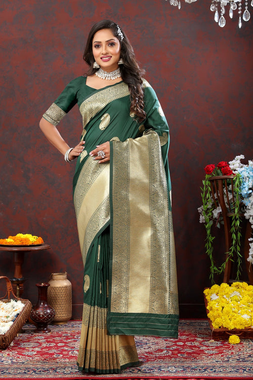 Load image into Gallery viewer, Engaging Dark Green Soft Banarasi Silk Saree With Opulent Blouse Piece
