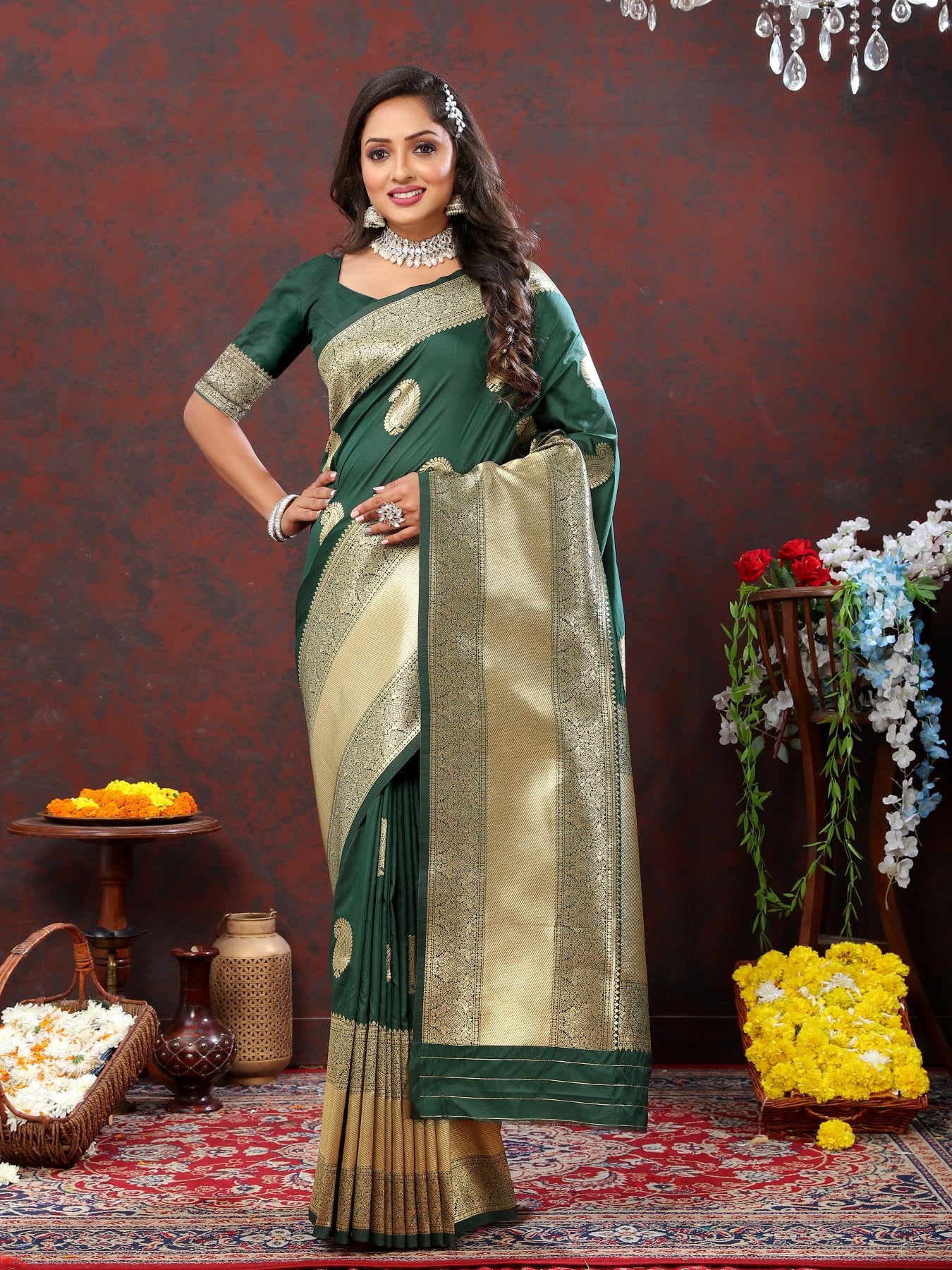 Engaging Dark Green Soft Banarasi Silk Saree With Opulent Blouse Piece