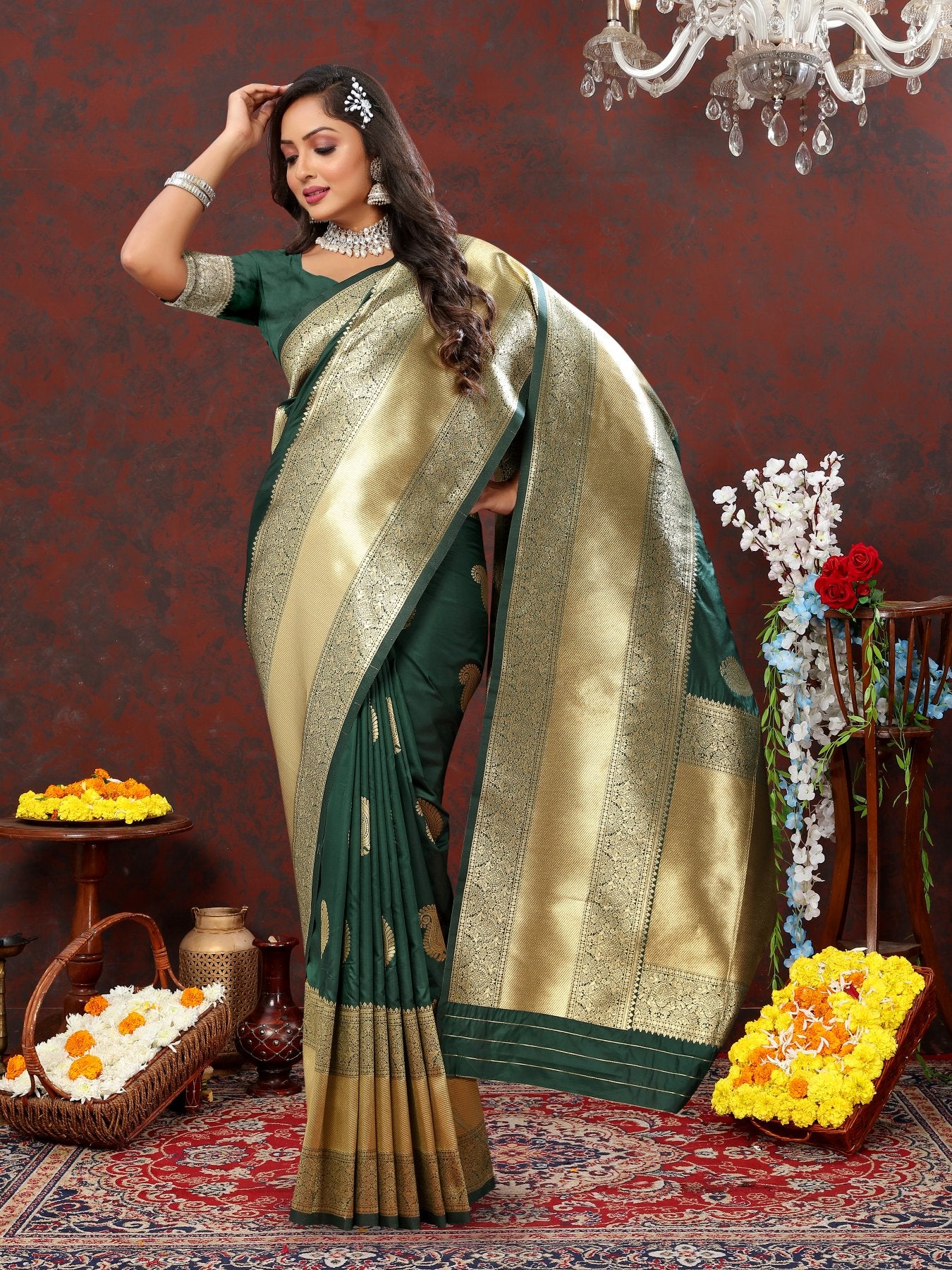 Engaging Dark Green Soft Banarasi Silk Saree With Opulent Blouse Piece