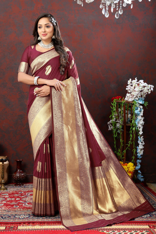 Load image into Gallery viewer, Felicitous Maroon Soft Banarasi Silk Saree With Lustrous Blouse Piece
