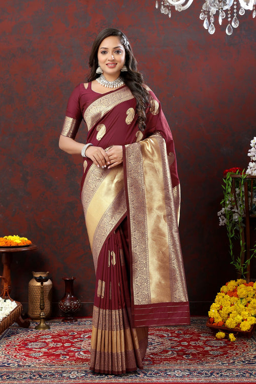 Load image into Gallery viewer, Felicitous Maroon Soft Banarasi Silk Saree With Lustrous Blouse Piece
