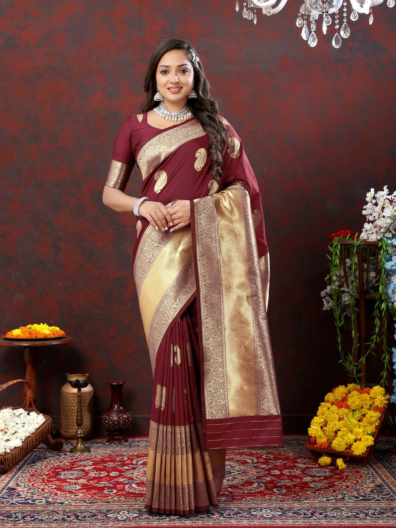 Felicitous Maroon Soft Banarasi Silk Saree With Lustrous Blouse Piece