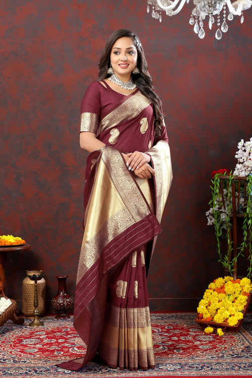 Load image into Gallery viewer, Felicitous Maroon Soft Banarasi Silk Saree With Lustrous Blouse Piece
