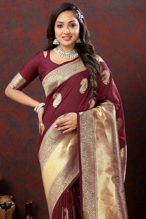 Load image into Gallery viewer, Felicitous Maroon Soft Banarasi Silk Saree With Lustrous Blouse Piece
