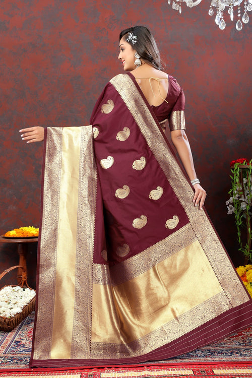 Load image into Gallery viewer, Felicitous Maroon Soft Banarasi Silk Saree With Lustrous Blouse Piece
