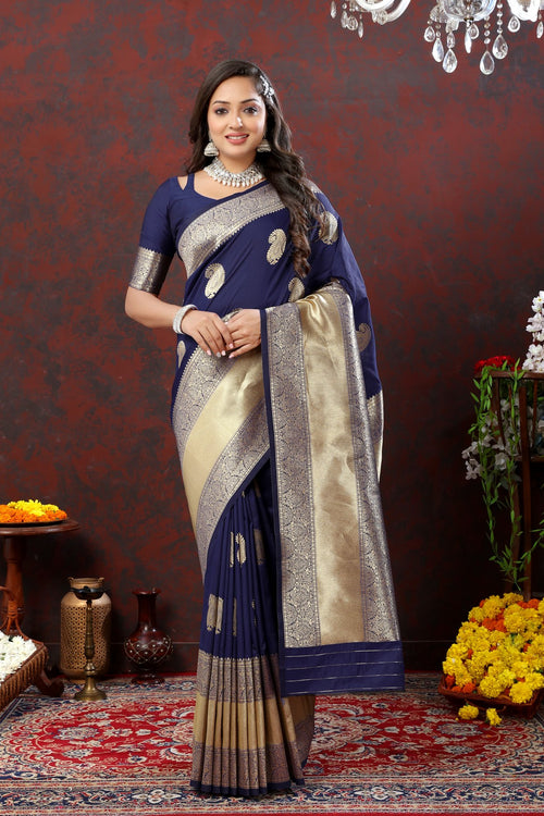 Load image into Gallery viewer, Enchanting Navy Blue Soft Banarasi Silk Saree With Opulent Blouse Piece
